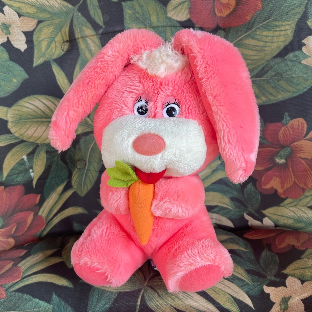 Vintage Animal Playthings pink plush bunny rabbit holding a carrot,